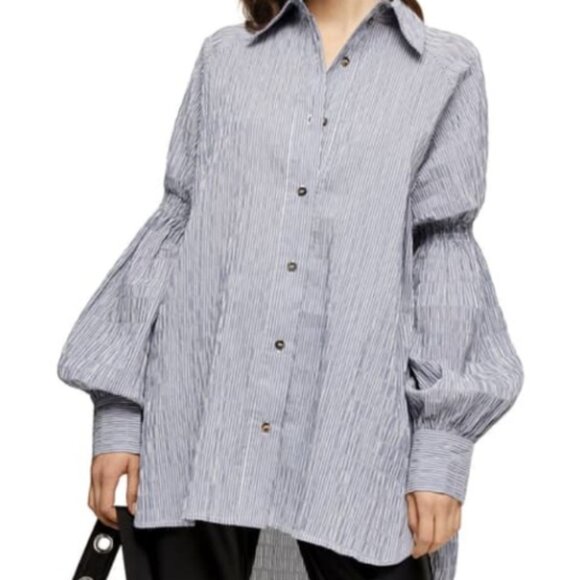 Topshop Oversized Striped Textured Button-Up Shirt Puff Smocked Sleeve Women's 6 - Picture 1 of 8